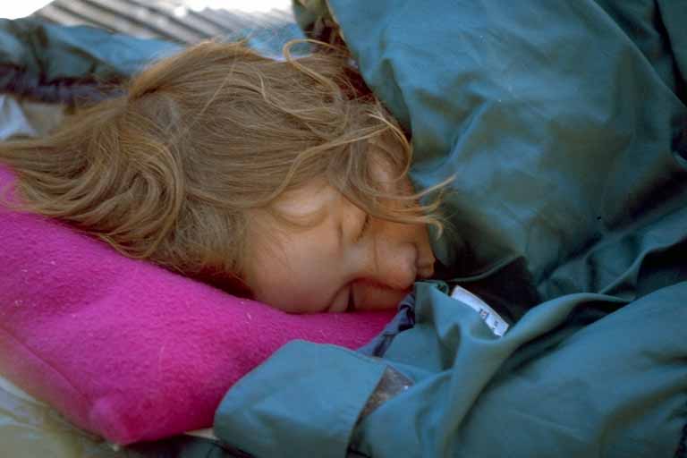 photo, kid in sleeping bag