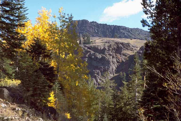 photo, cliffs through fall-color trees