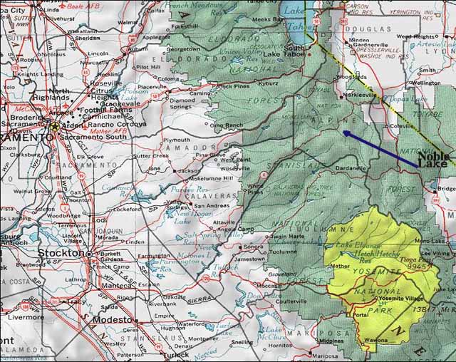 map, Tahoe to north, Yosemite to south