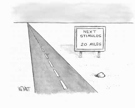 cartoon of stone on the side of a deserted road with a sign that reads Next Stimulus 20 Miles