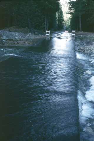 Photo, creek washing across pavement.