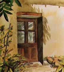 watercolor painting of font of house