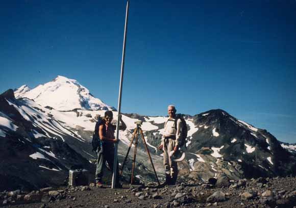 Photo of two people in front of a volcano