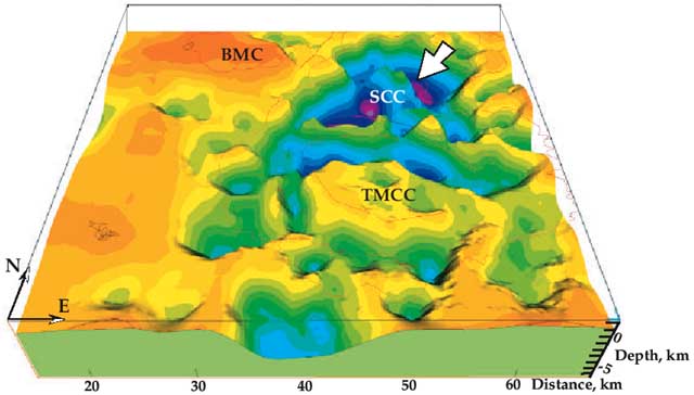 colored map showing high and low gravity as though it was high and low elevation