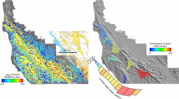 pair of maps showing steepness in the Santa Cruz Mountains