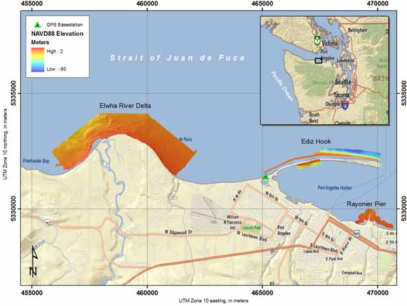 map showing that the Elwha River's delta is east of Port Angeles, Washington and south of Victoria, British Columbia